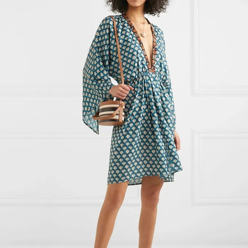 Celia Dragouni Blue Cream kimono caftan bell sleeve plunging neck mini dress M